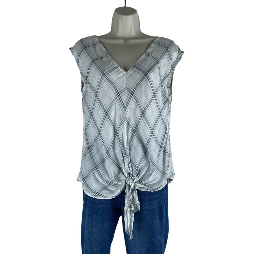 Max Studio Sleeveless Plaid Tie Hem Top V Neck White Blue Size S - Picture 4 of 9